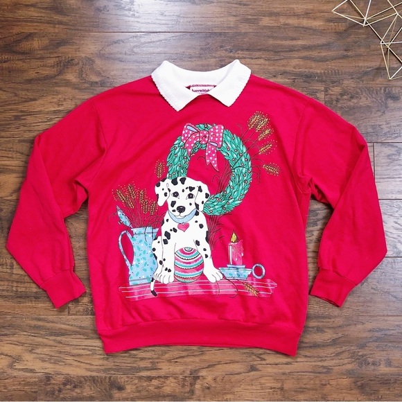 vintage • 80s Christmas sweatshirt Dalmatian puppy sweater collared ugly Grandma - Picture 1 of 7